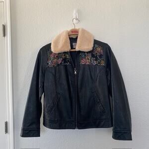 Chico's 2 Black Bomber Jacket Floral Needlepoint Panels Faux Leather/Fur Women L